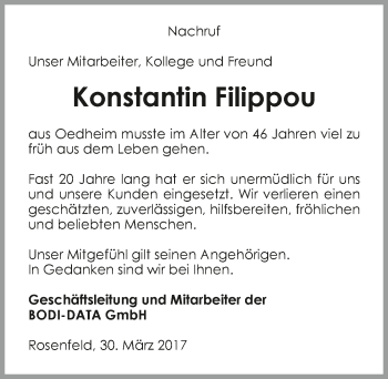 Traueranzeige von Konstantin Filippou 