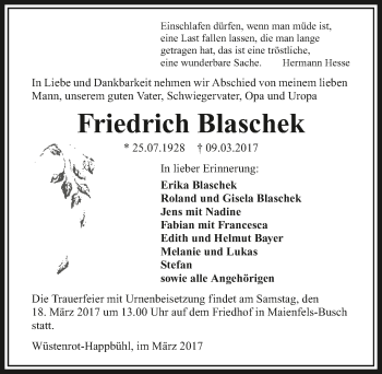 Traueranzeige von Friedrich Blaschek 