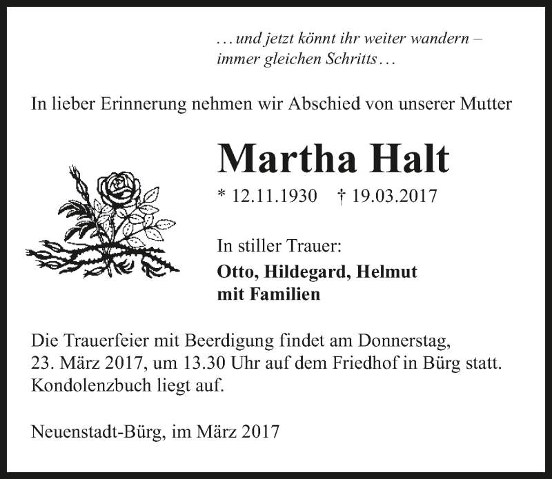  Traueranzeige für Martha Halt vom 21.03.2017 aus 