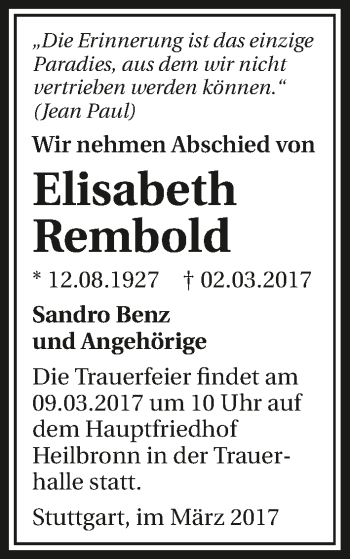 Traueranzeige von Elisabeth Rembold 