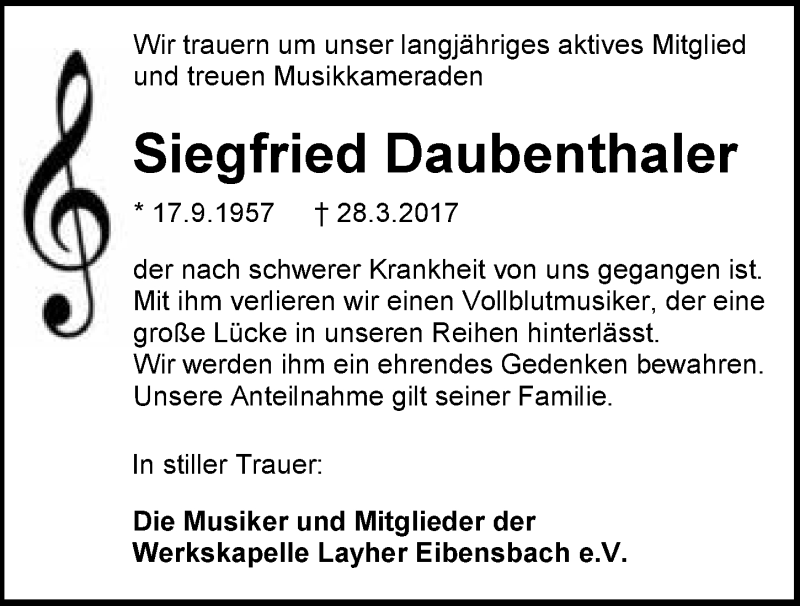  Traueranzeige für Siegfried Daubenthaler vom 30.03.2017 aus 