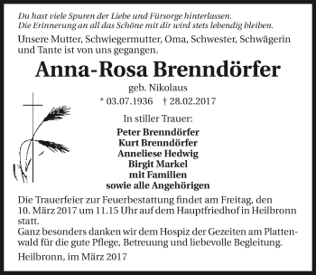 Traueranzeige von Anna-Rosa Brenndörfer 