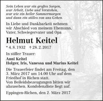 Traueranzeige von Helmut Keitel 