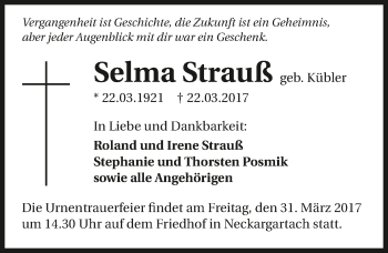 Traueranzeige von Selma Strauß 