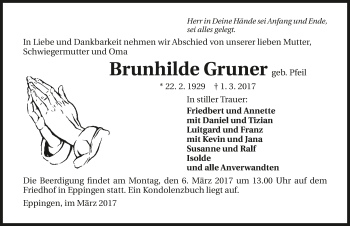 Traueranzeige von Brunhilde Gruner 