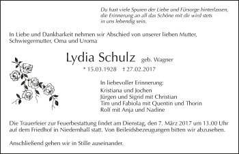 Traueranzeige von Lydia Schulz 