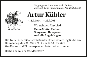 Traueranzeige von Artur Kübler 
