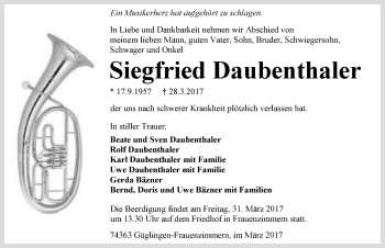 Traueranzeige von Siegfried Daubenthaler 
