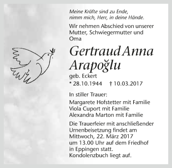 Traueranzeige von Gertraud Anna Arapoglu 