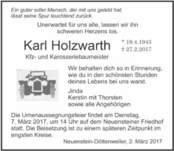 Traueranzeige von Karl Holzwarth 