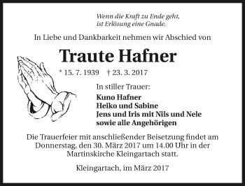 Traueranzeige von Traute Hafner 