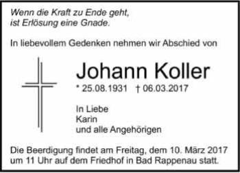 Traueranzeige von Johann Koller 