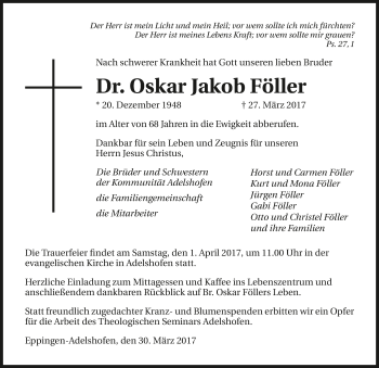 Traueranzeige von Oskar Jakob Föller 