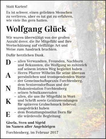 Traueranzeige von Wolfgang Glück 