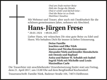 Traueranzeige von Hans-Jürgen Frese 