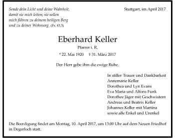 Traueranzeige von Eberhard Keller 