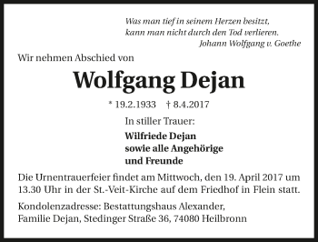 Traueranzeige von Wolfgang Dejan 