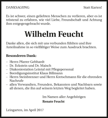 Traueranzeige von Wilhelm Feucht 