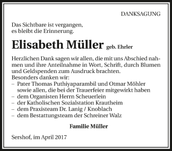 Traueranzeige von Elisabeth Müller 