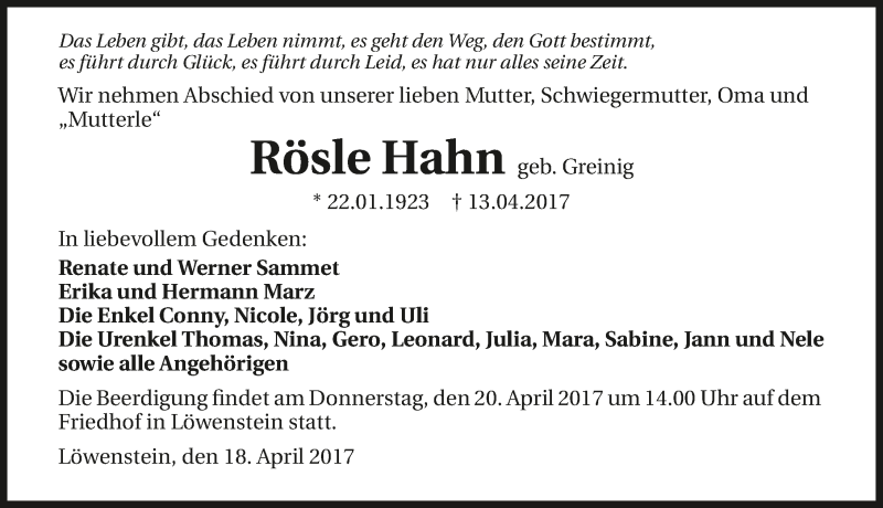  Traueranzeige für Rösle Hahn vom 18.04.2017 aus 