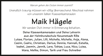 Traueranzeige von Maik Hägele 