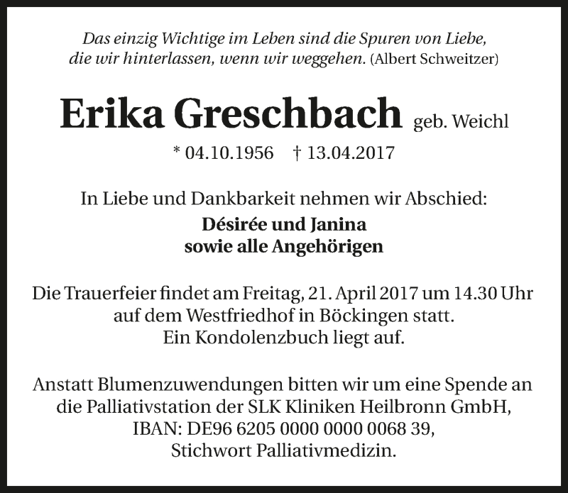  Traueranzeige für Erika Greschbach vom 18.04.2017 aus 