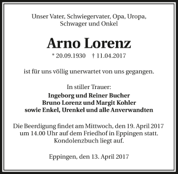 Traueranzeige von Arno Lorenz 