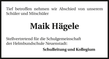 Traueranzeige von Maik Hägele 