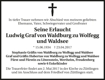 Traueranzeige von Ludwig Graf von Waldburg zu Wolfegg und Waldsee 