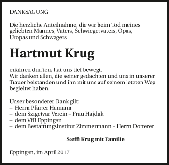 Traueranzeige von Hartmut Krug 