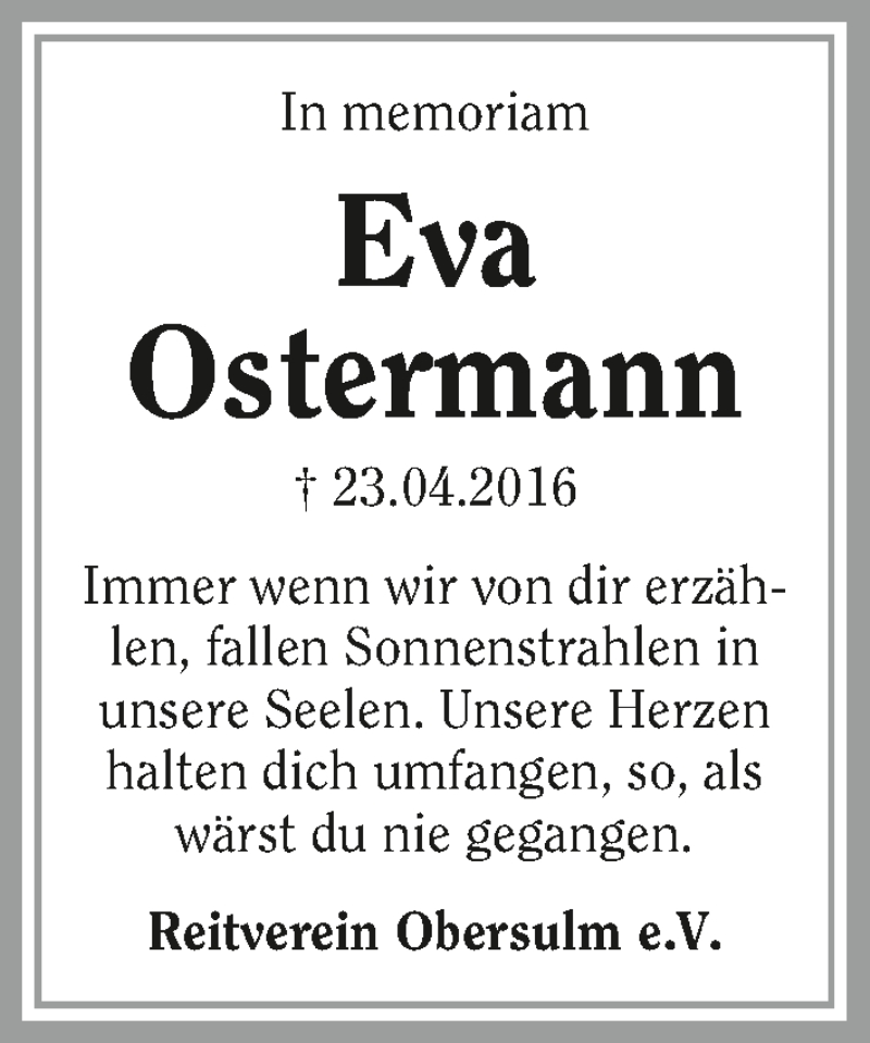  Traueranzeige für Eva Ostermann vom 22.04.2017 aus 