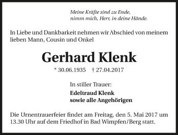 Traueranzeige von Gerhard Klenk 