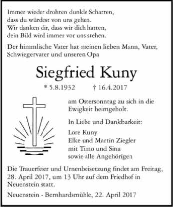 Traueranzeige von Siegfried Kuny 