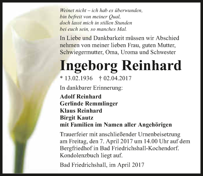  Traueranzeige für Ingeborg Reinhard vom 04.04.2017 aus 