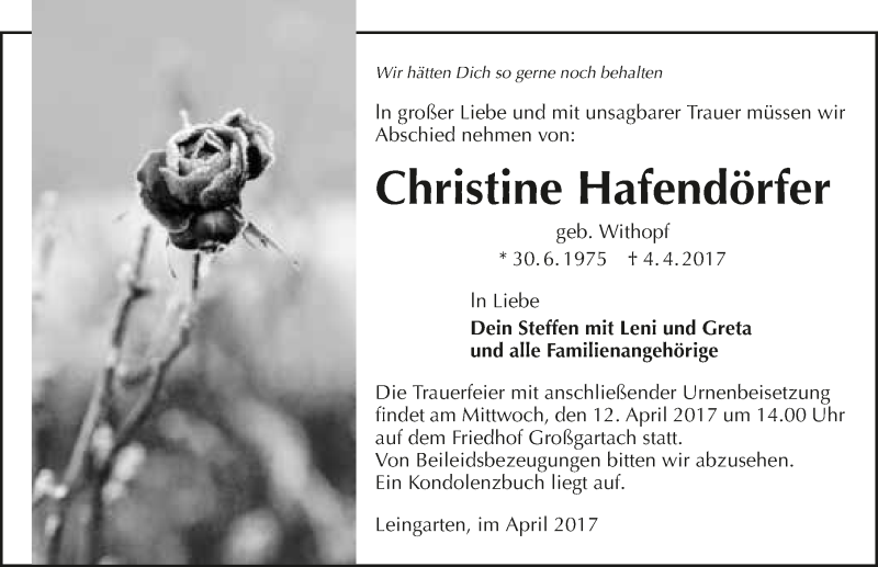  Traueranzeige für Christine Hafendörfer vom 08.04.2017 aus 