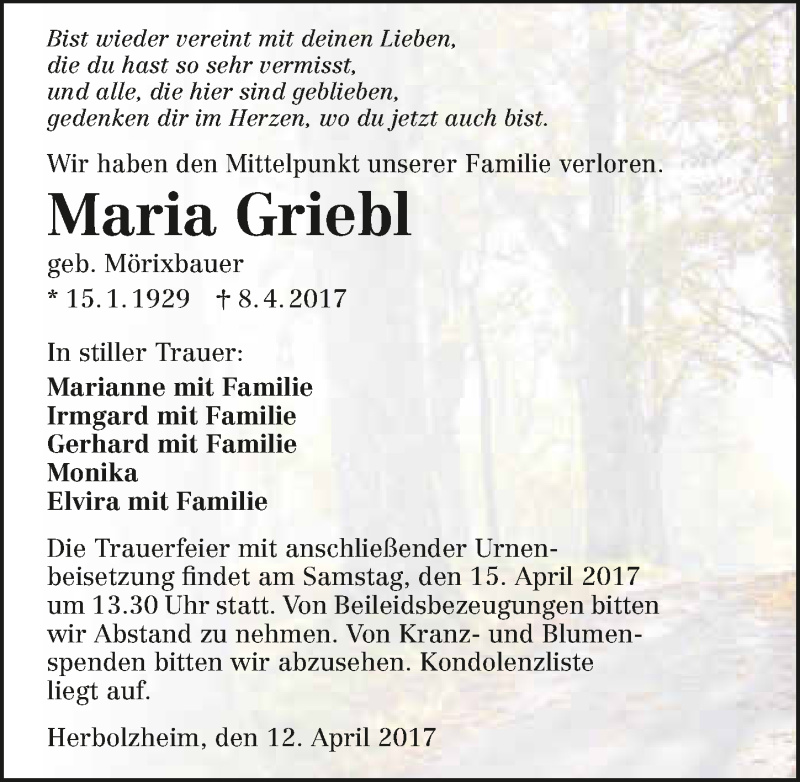  Traueranzeige für Maria Griebl vom 12.04.2017 aus 