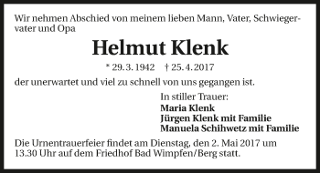 Traueranzeige von Helmut Klenk 