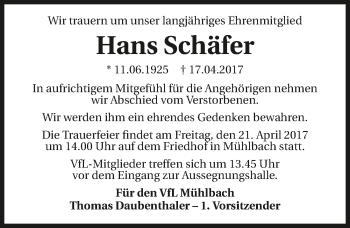 Traueranzeige von Hans Schäfer 