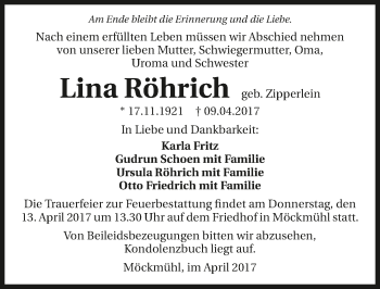 Traueranzeige von Lina Röhrich 