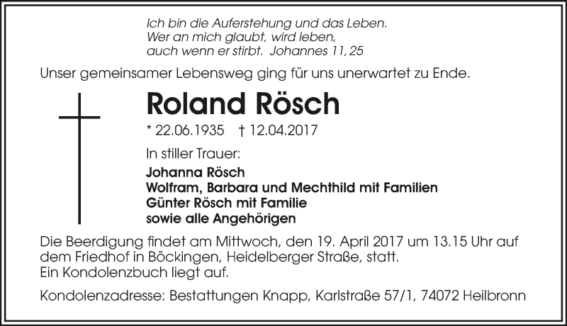  Traueranzeige für Roland Rösch vom 15.04.2017 aus 