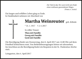 Traueranzeige von Martha Weinreuter 