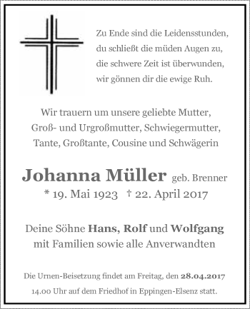 Traueranzeige von Johanna Müller 