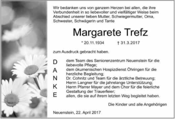 Traueranzeige von Margarete Trefz 