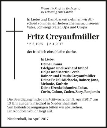 Traueranzeige von Fritz Creyaufmüller 