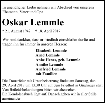 Traueranzeige von Oskar Lemmle 