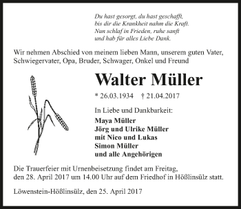 Traueranzeige von Walter Müller 