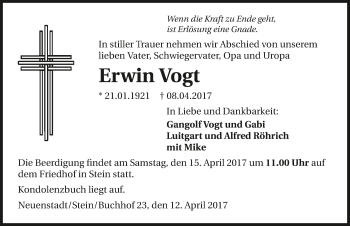 Traueranzeige von Erwin Vogt 