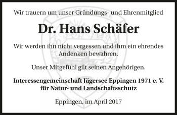 Traueranzeige von Hans Schäfer 