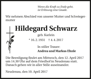 Traueranzeige von Hildegard Schwarz 