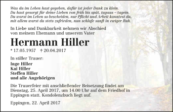 Traueranzeige von Hermann Hiller 